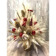 Christmas tall arrangement red-gold color with variety of dryed plants in ceramic pot
