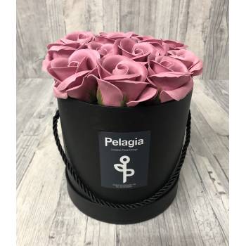 Puce aromatic soap roses in black box. (medium 15x15)