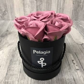 Puce aromatic soap roses in black box. (small 12x12)